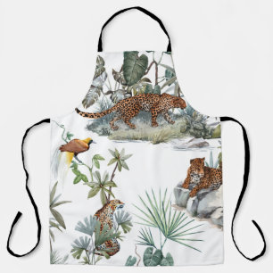 Jungle Leopard Watercolor Tropical Scene Apron