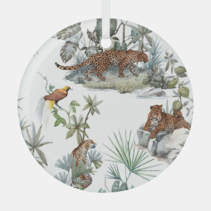 Jungle Leopard Watercolor Tropical Scene Glass Ornament