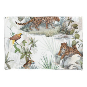 Jungle Leopard Watercolor Tropical Scene Pillowcase