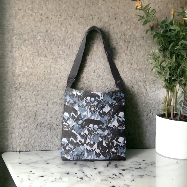 Jungle Leopards In Black with Blue Grey Crossbody Bag (Creator Uploaded)