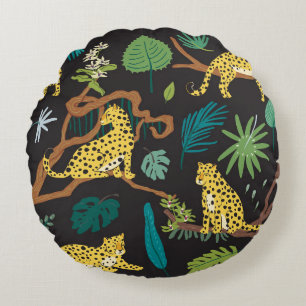 Jungle Leopards: Vintage Wildlife Illustrations Round Pillow