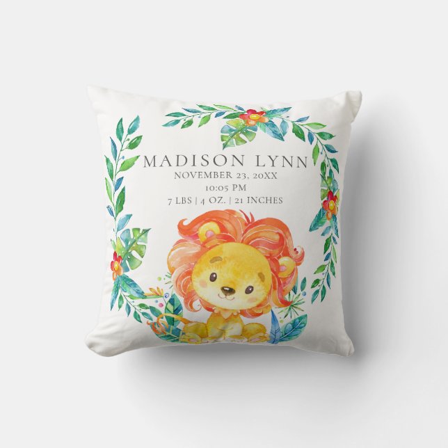 Jungle Lion Baby Birth Stats Coussin (Recto)