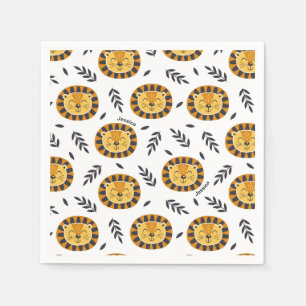 Jungle Lion Pattern with Kids Name Birthday Napkin