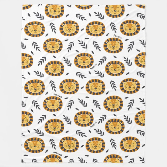 Jungle Lion Pattern with Kids Name Fleece Blanket (Front)