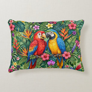 Jungle Macaws Cheerful Parrots Vibrant Flowers Accent Pillow