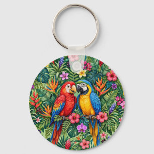 Jungle Macaws Cheerful Parrots Vibrant Flowers  Keychain