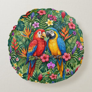 Jungle Macaws Cheerful Parrots Vibrant Flowers Round Pillow
