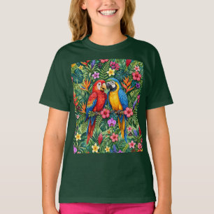 Jungle Macaws Cheerful Parrots Vibrant Flowers T-Shirt