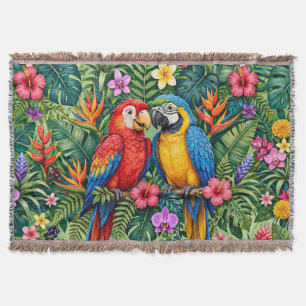 Jungle Macaws Cheerful Parrots Vibrant Flowers Throw Blanket