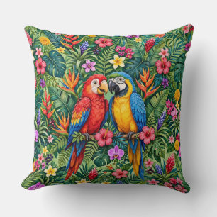 Jungle Macaws Cheerful Parrots Vibrant Flowers Throw Pillow