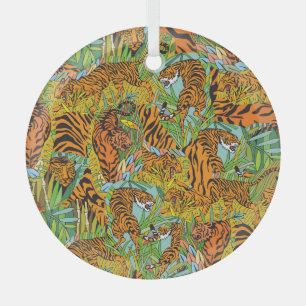 Jungle Majesty: Tigers Amidst Greenery Glass Ornament