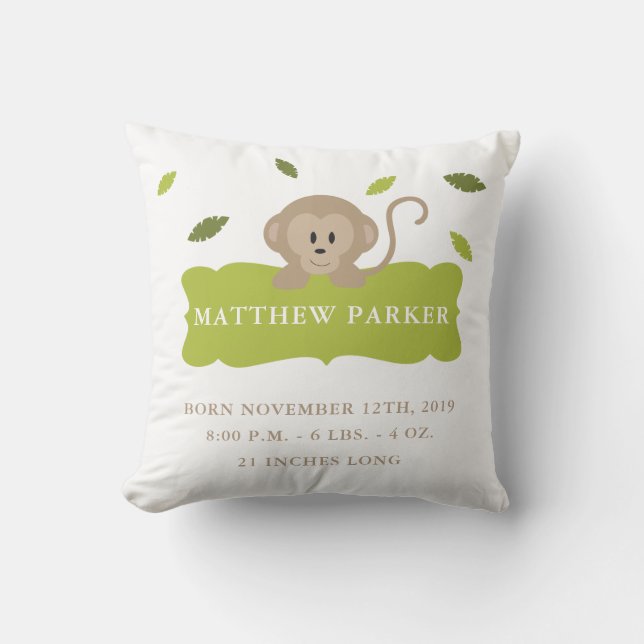 Jungle Monkey Birth Announcement Stats Pillow (Front)