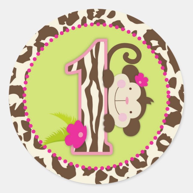 Jungle Monkey First Birthday Cupcake Topper Pink Classic Round Sticker (Front)