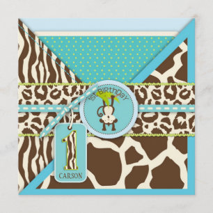 Jungle Monkey First Birthday Invitation Blue