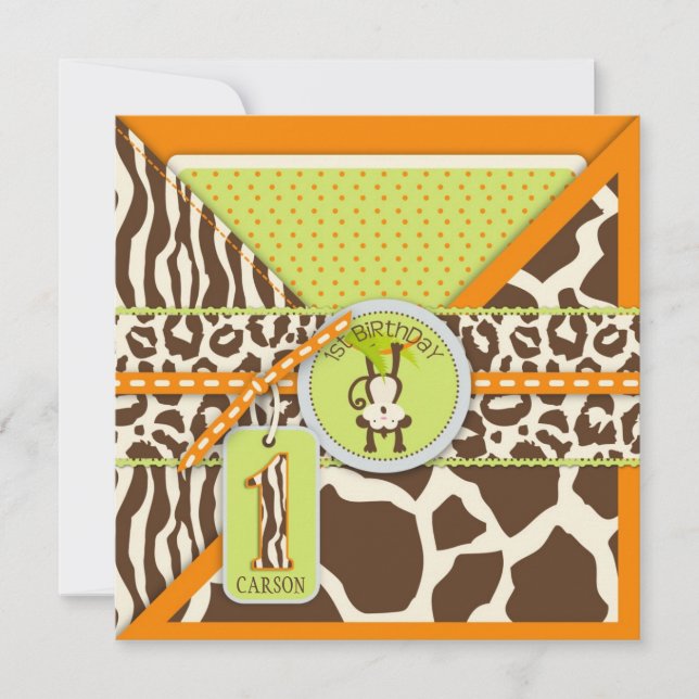 Jungle Monkey First Birthday Invitation Orange (Front)