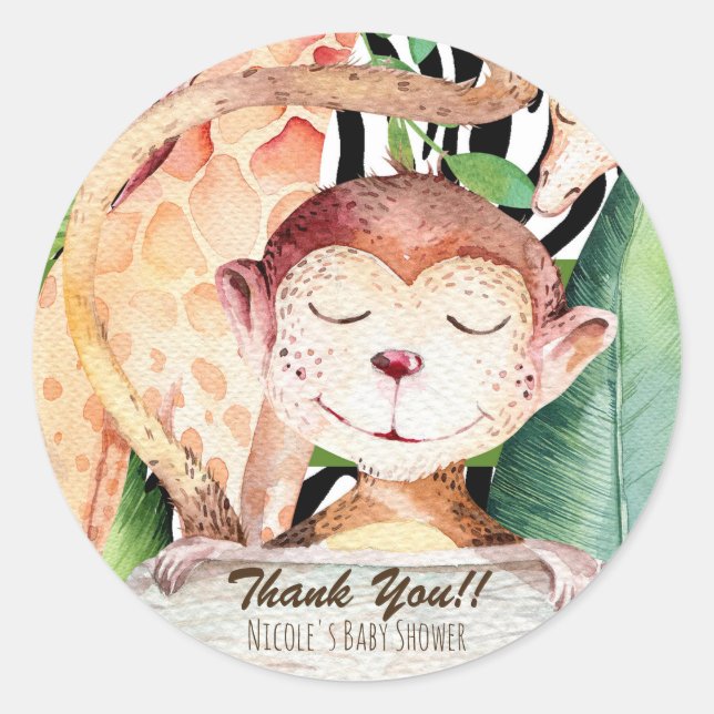 Jungle Monkey & Giraffe Baby Shower Animal Print Classic Round Sticker (Front)