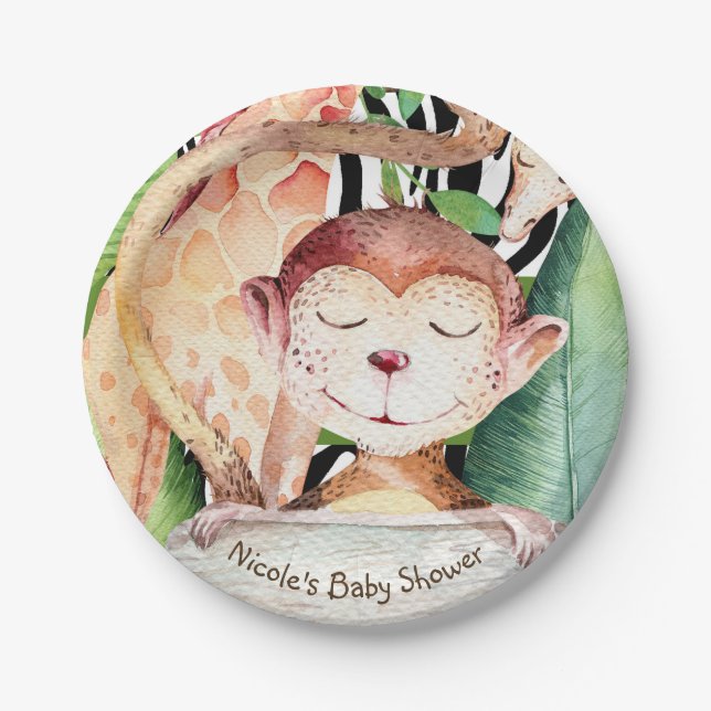 Jungle Monkey & Giraffe Baby Shower Animal Print Paper Plate (Front)