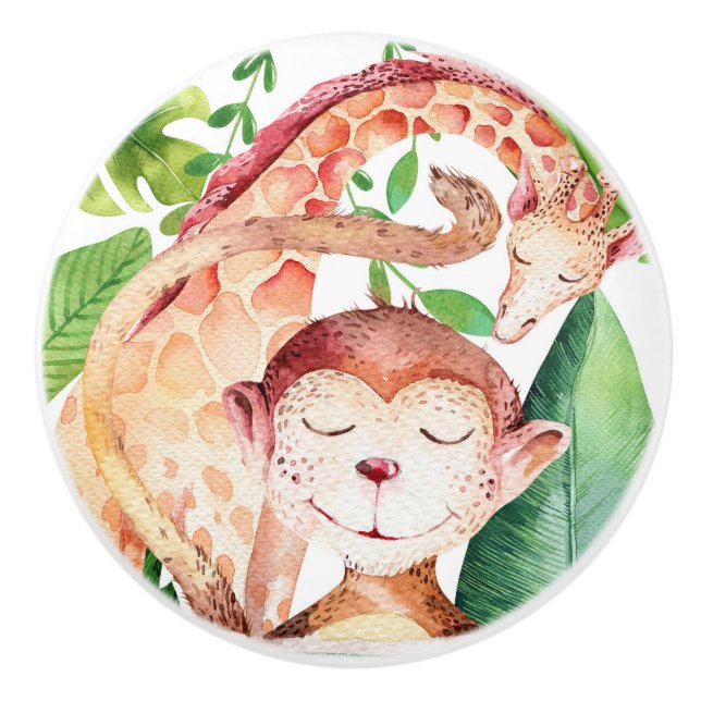 Jungle Monkey & Giraffe Safari Bedroom Nursery Ceramic Knob (Front)