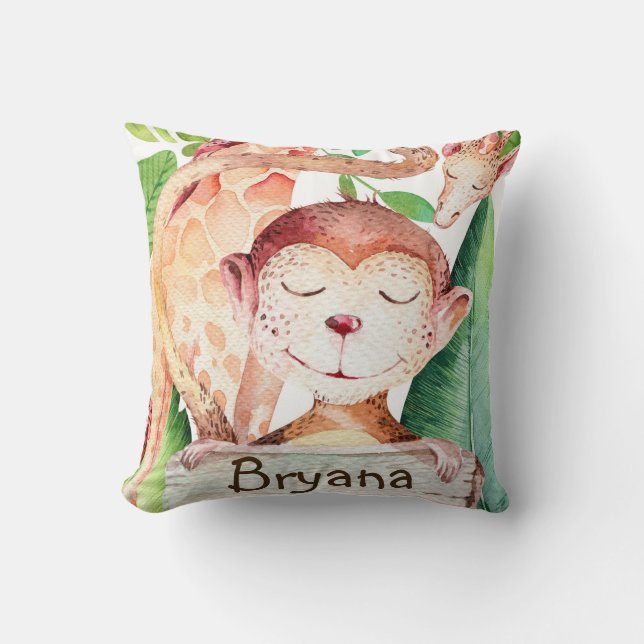 Jungle Monkey & Giraffe Safari Bedroom Nursery Throw Pillow (Front)