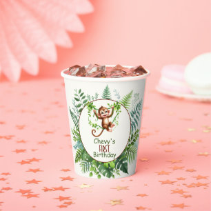 Jungle Monkey Hanging On Branch First Birthday Paper Cups