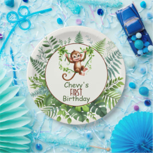 Jungle Monkey Hanging On Branch First Birthday Paper Plate