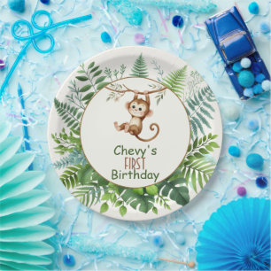 Jungle Monkey Hanging On Branch First Birthday Paper Plate