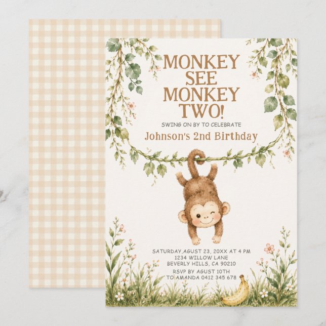 Jungle Monkey See Monkey Two 2nd Birthday Boy Invitation (Front/Back)