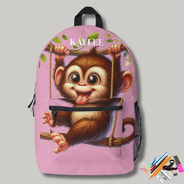 Jungle Monkey Swinging on Tree Monogram Kids Pink Printed Backpack (Creator Uploaded)