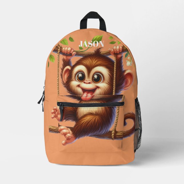 Jungle Monkey Swinging Tree Monogram Kids Orange Printed Backpack (Front)