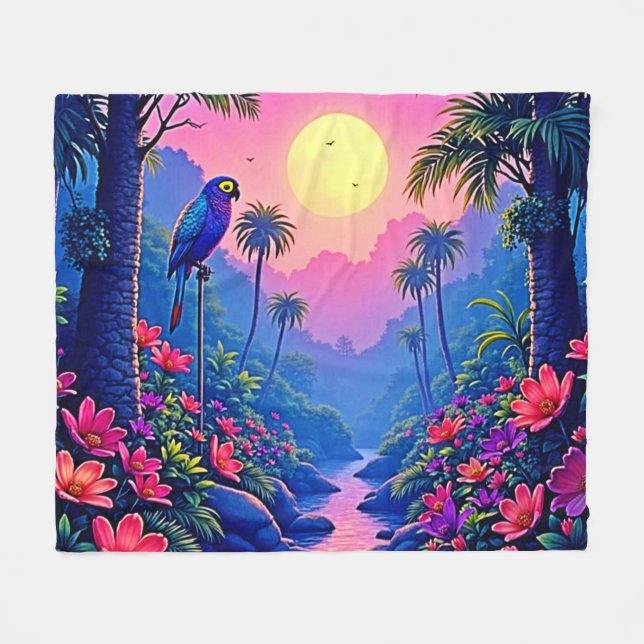 Jungle Moon Blue Parrot Paradise Fleece Blanket (Front (Horizontal))