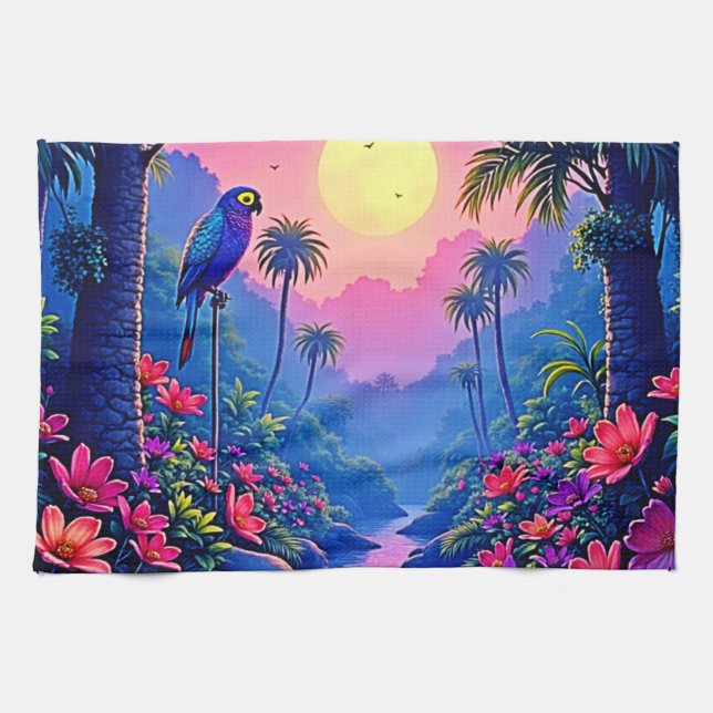 Jungle Moon Blue Parrot Paradise Kitchen Towel (Horizontal)