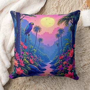 Jungle Moon Blue Parrot Paradise Throw Pillow