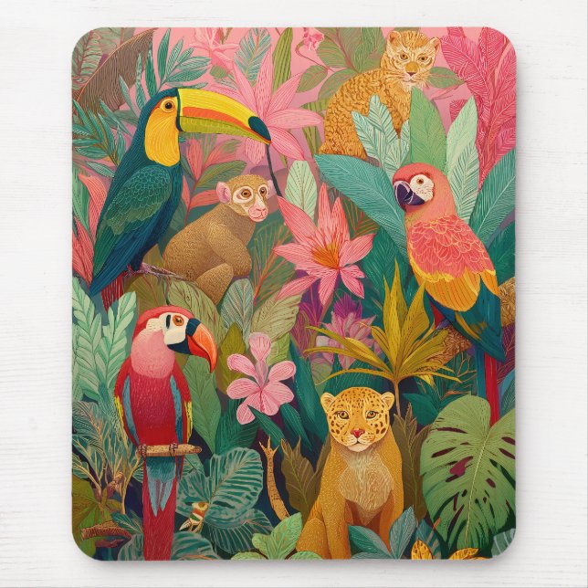 Jungle Mouse Pad–Leopard, Parrot, Toucan & Monkey Pad (Front)