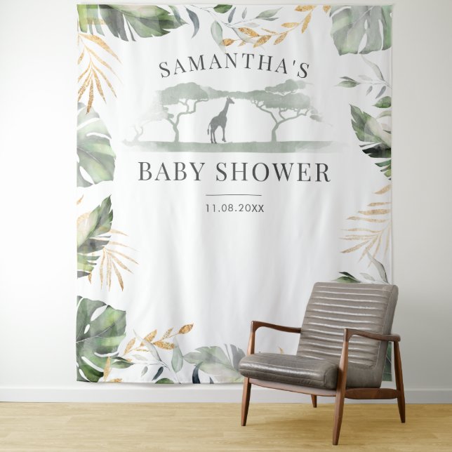 Jungle Palm Leaves Giraffe Baby Shower Backdrop Tapestry (In Situ)
