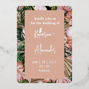 Jungle palm leaves rainforest flowers pink green