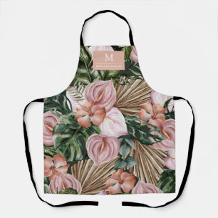 Jungle palm leaves rainforest flowers pink green apron