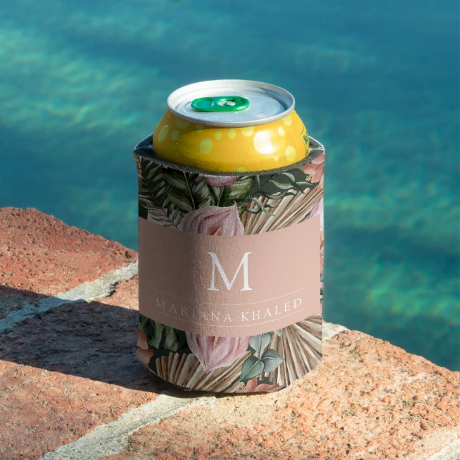 Jungle palm leaves rainforest flowers pink green can cooler (In Situ Pool)