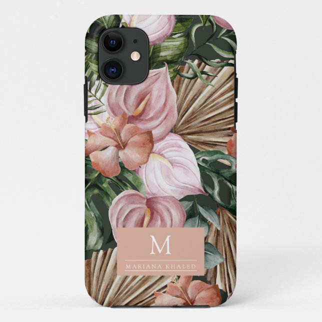 Jungle palm leaves rainforest flowers pink green Case-Mate iPhone case (Back)