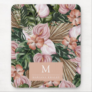 Jungle palm leaves rainforest flowers pink green mouse pad