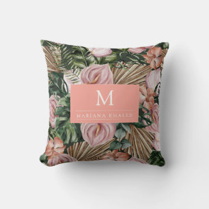 Jungle palm leaves rainforest flowers pink green throw pillow