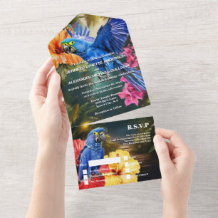 Jungle parrot tropical flowers woodland forest  all in one invitation