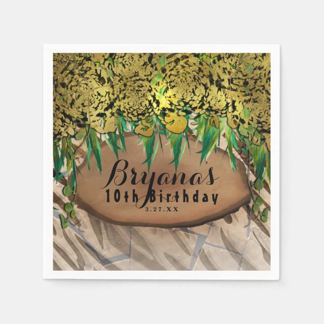 JUNGLE PARTY Gold Glam Animal Print Birthday Napkin (Front)