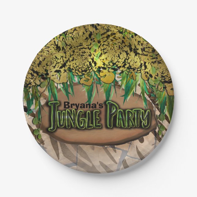 JUNGLE PARTY Gold Glam Animal Print Birthday Paper Plate (Front)