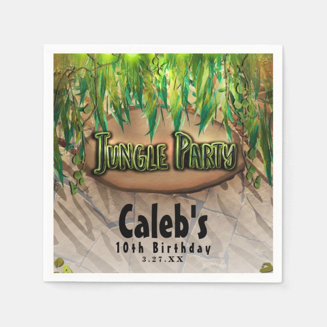 JUNGLE PARTY Leaves & Animal Print Custom Birthday Napkin (Front)