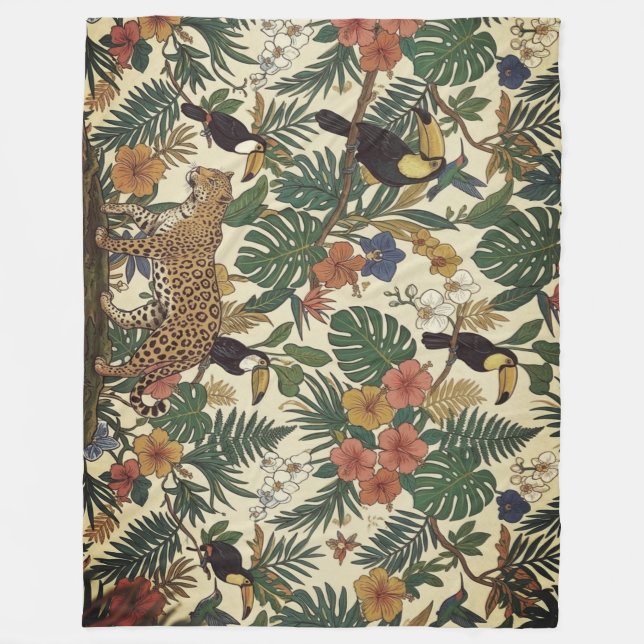  Jungle Pattern with Leopard, Toucans Fleece Blanket (Front)