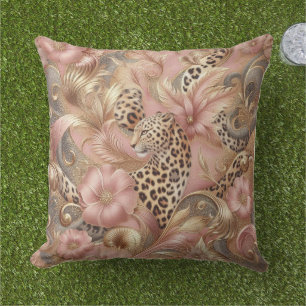 Jungle Pink and Brown Leopard  Outdoor Pillow