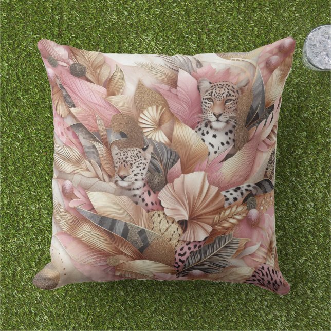 Jungle Pink and Brown Leopard  Outdoor Pillow (Grass)