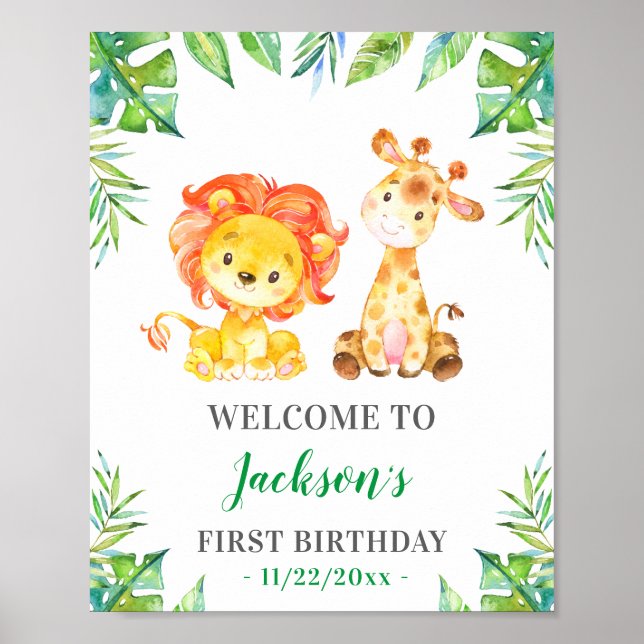 Jungle Safari 1st 2nd 3rd Birthday Party Welcome Poster (Front)