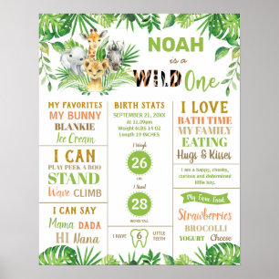 Jungle Safari 1st Birthday Milestone Birth Stats   Poster