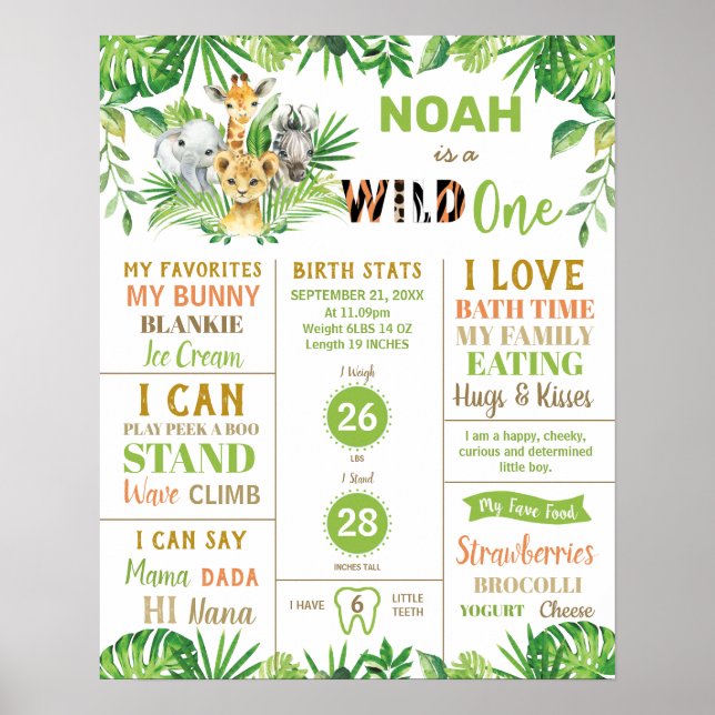 Jungle Safari 1st Birthday Milestone Birth Stats  Poster (Front)